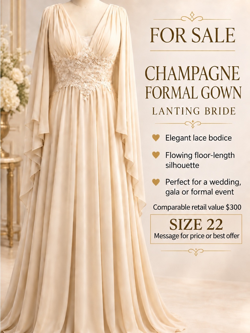 Champagne Formal Gown - Elegant Lace Bodice